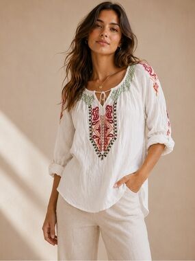 Spade & Heart White Embroidered Boho Peasant Blouse Size L Festival